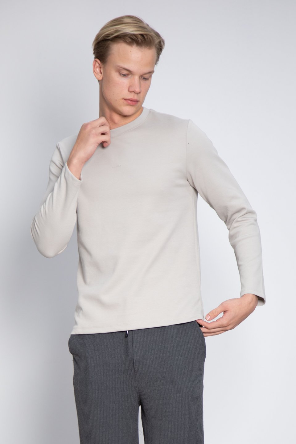 Double Face Bisiklet Yaka Sweatshirt Gri