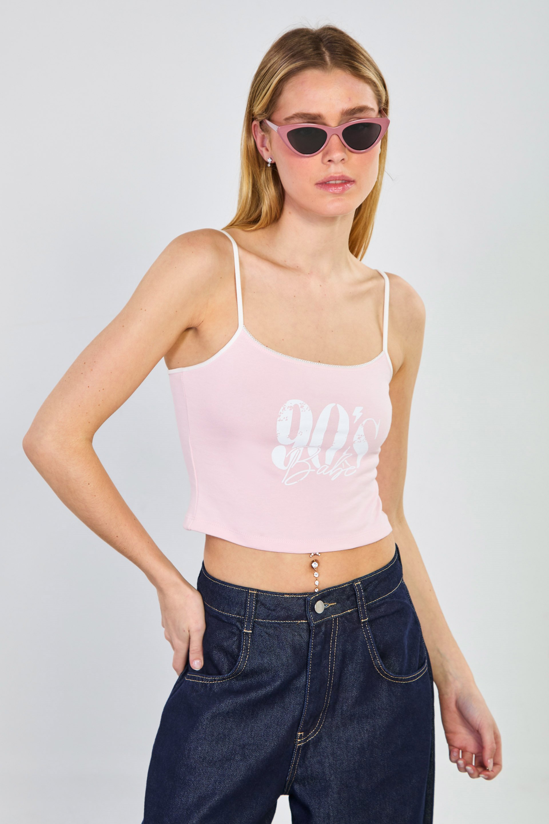 Kadın 90's Babe Yazılı İp Askılı Crop Top - Pembe