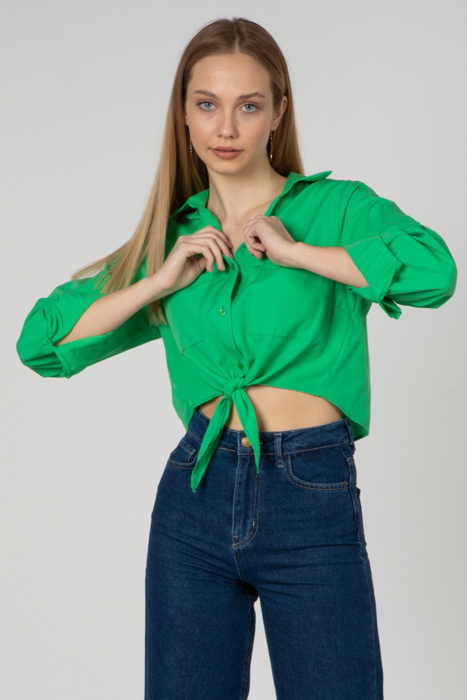 Önden Bağlamalı Uzun Kollu Gömlek - A.Yeşil