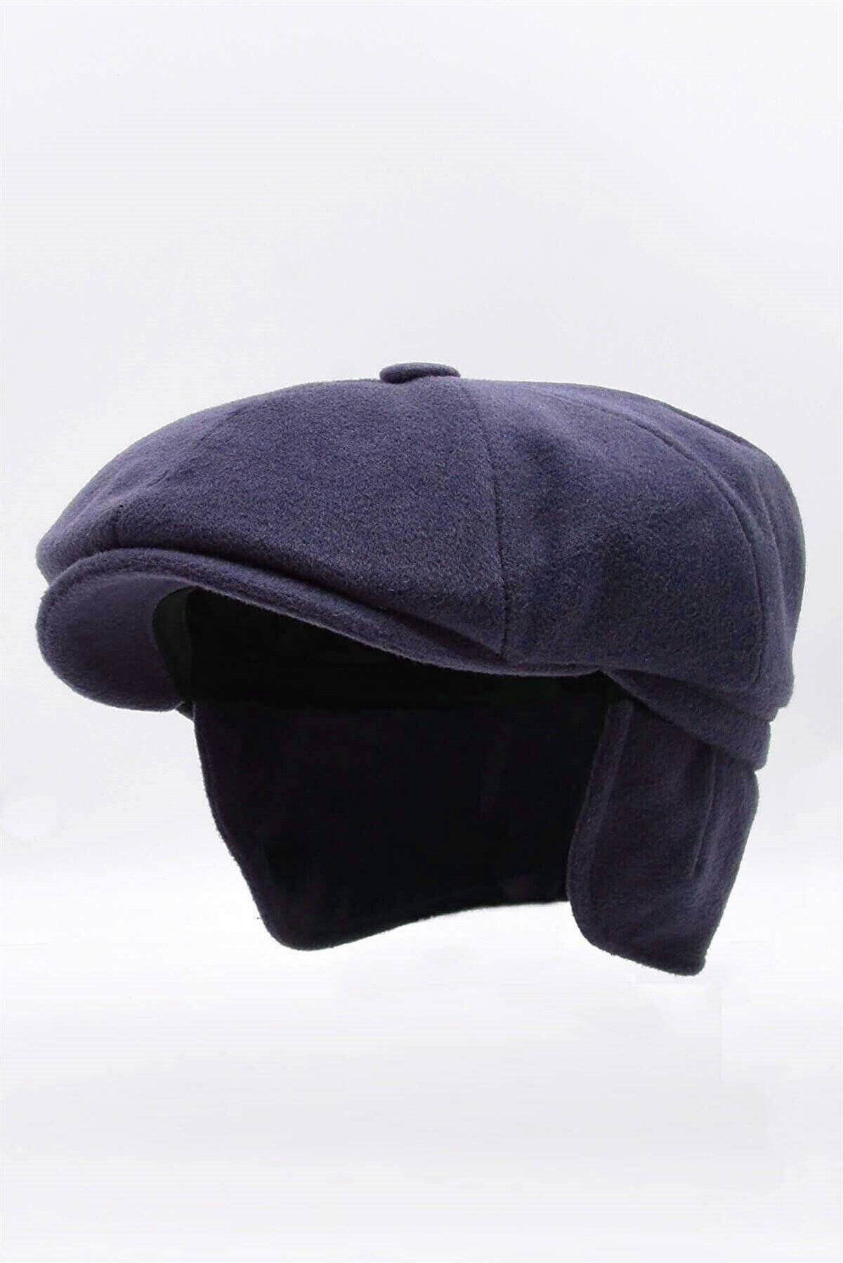 Külah Erkek %100 Kaşmir Yün Kışlık Kasket Kulaklı Şapka-Lacivert KLH7051