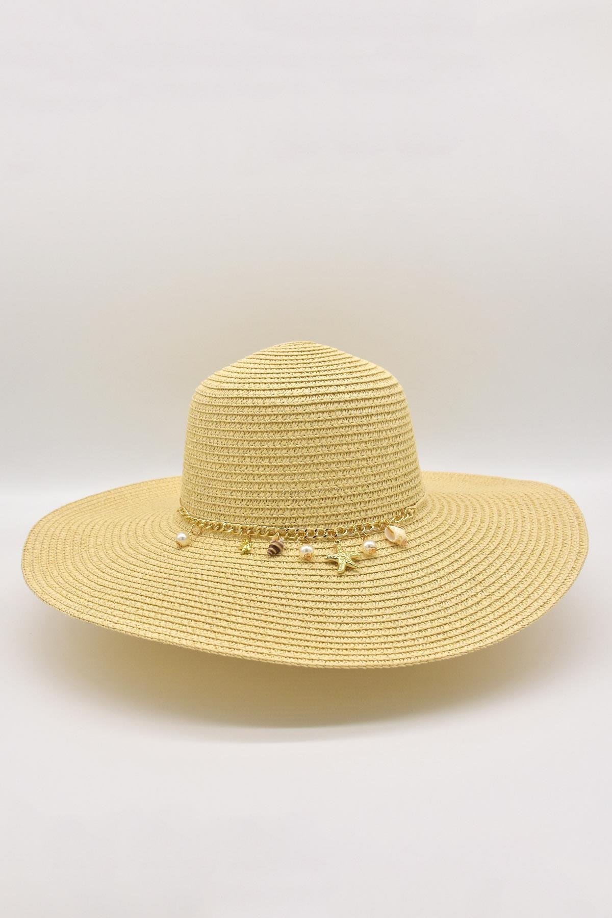 Kadın Taş Aksesuarlı Plaj Şapkası Bej