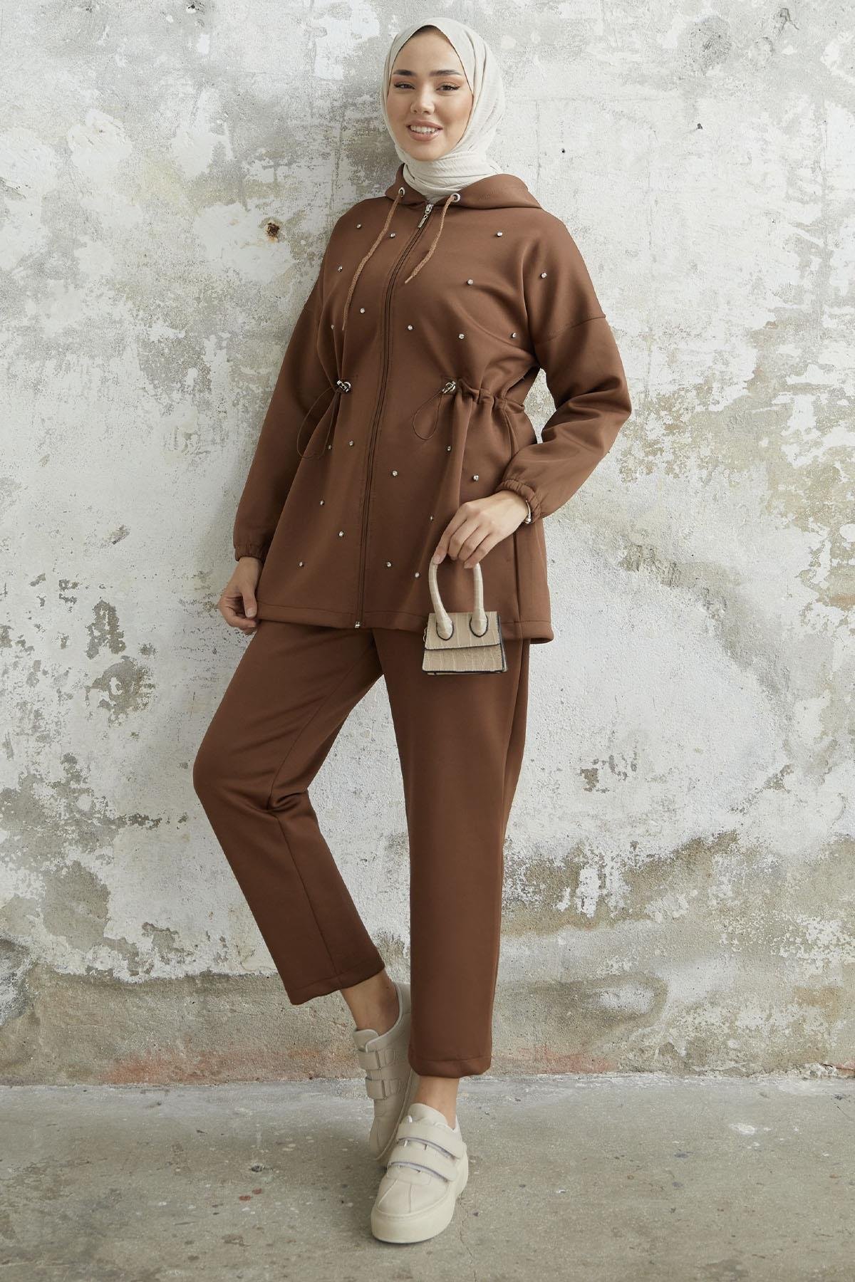 Ariesa Stoned Drawstring Dark Brown Scuba Suit