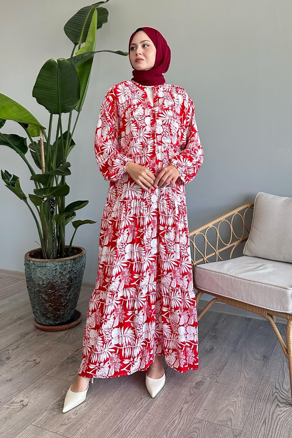 Balloon Sleeve Tropical Red Viscose Dress
