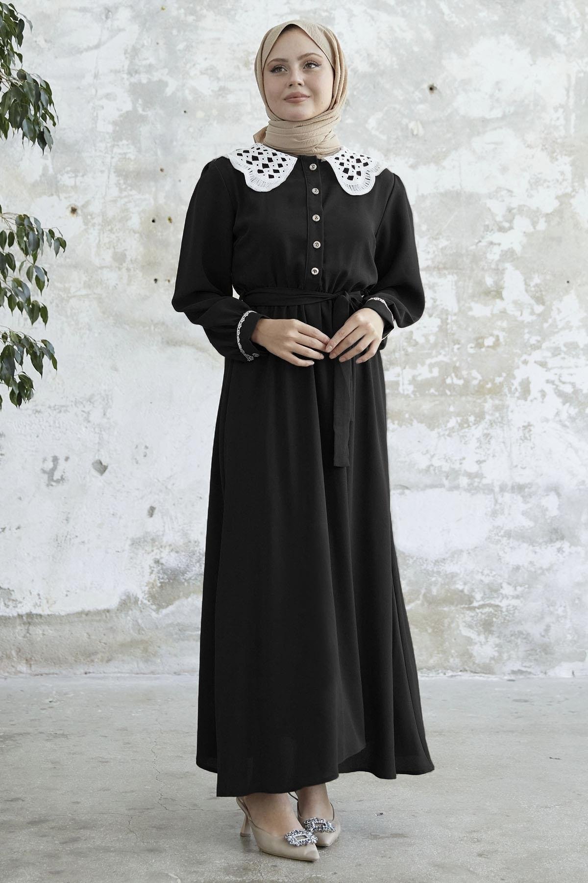 Baby Collar Belted Black Dress