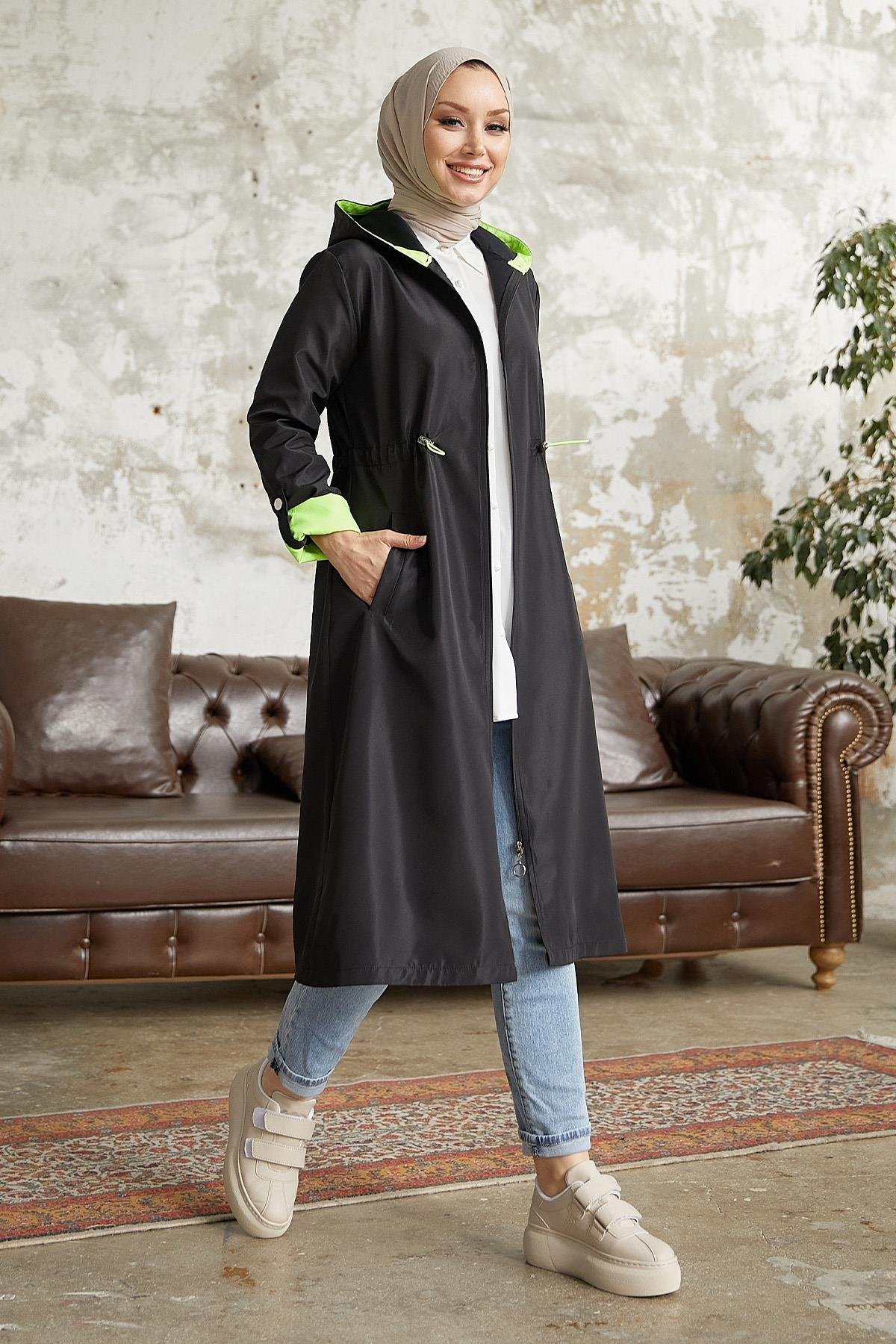 Beli Büzgülü Kapüşonlu Neon Trenç - Siyah \ Yeşil