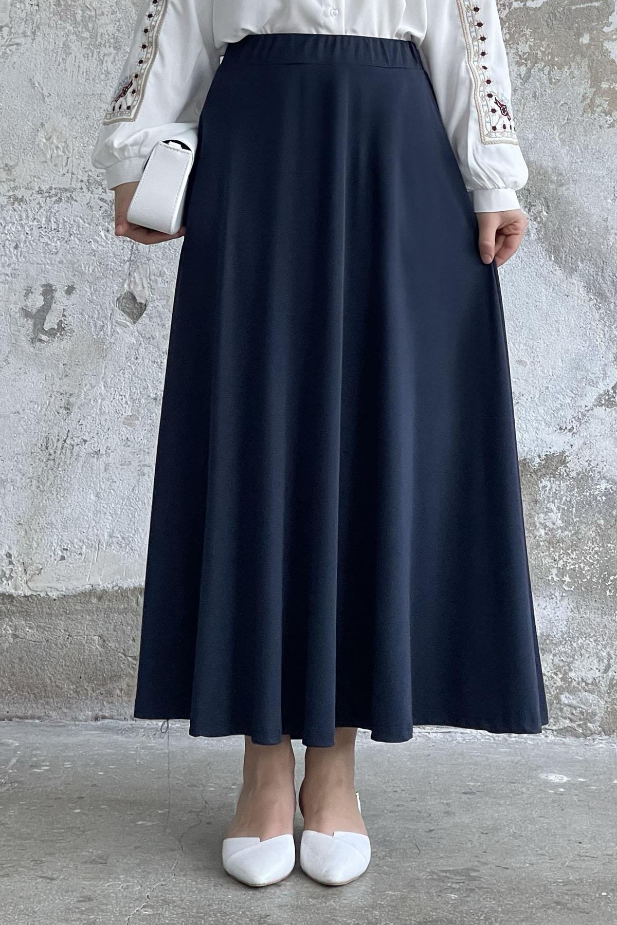 Elastic Waist Scuba Skirt - Navy Blue