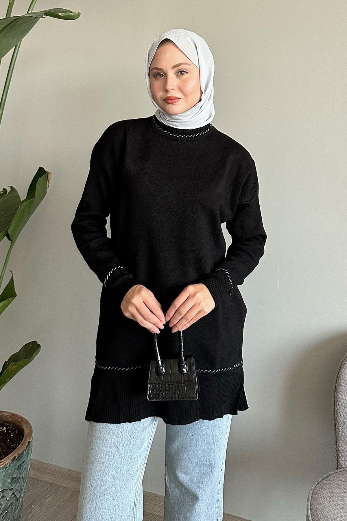 Biyeli Basic Siyah Triko Kazak
