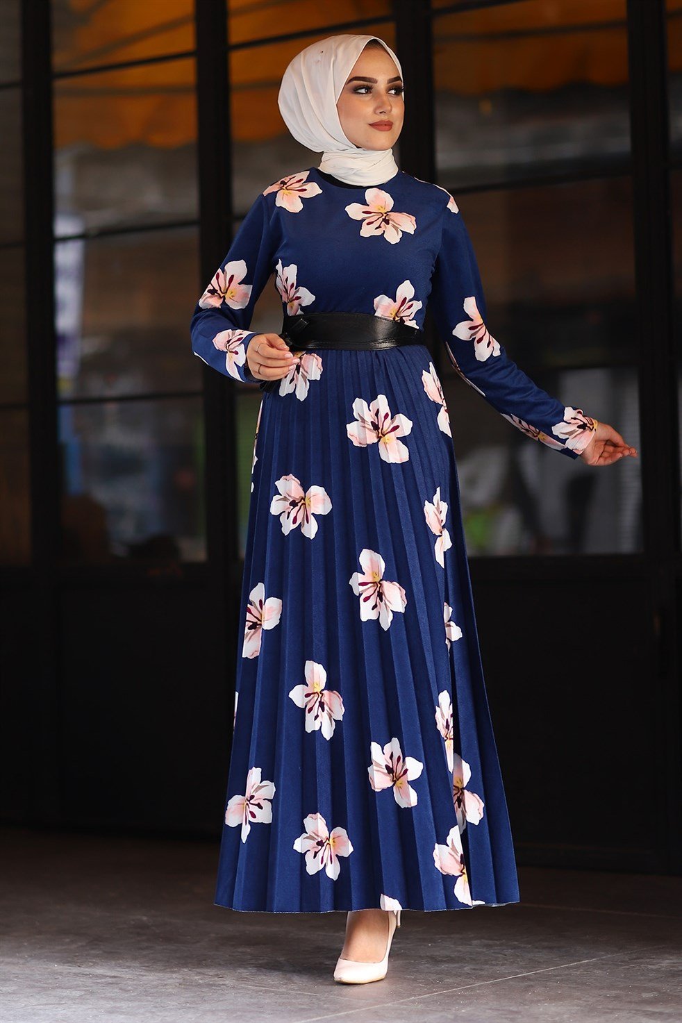 Çiçek Desenli Kadife Elbise - Lacivert