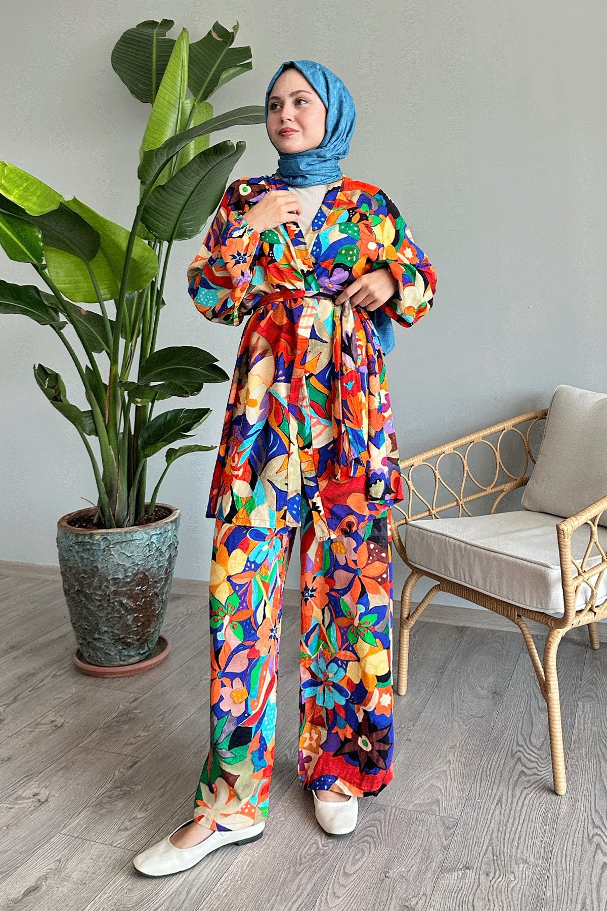 Floral Viscose Orange Two-Piece Set