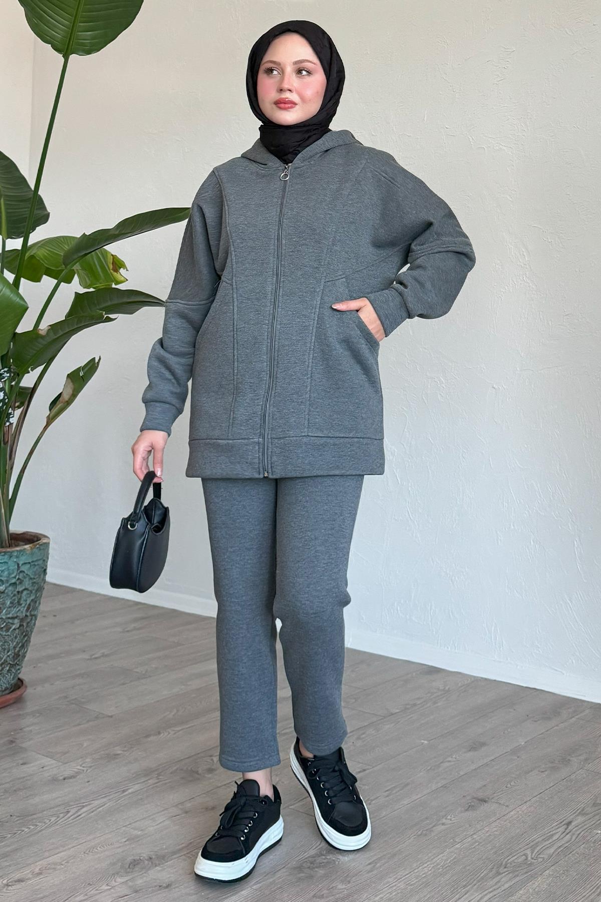 Double-Pocket Hooded Anthracite Two-Piece Set