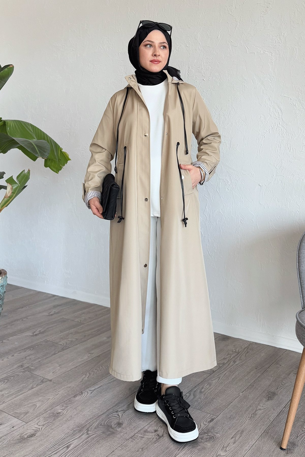 Çizgi Desen Trençkot - Taş