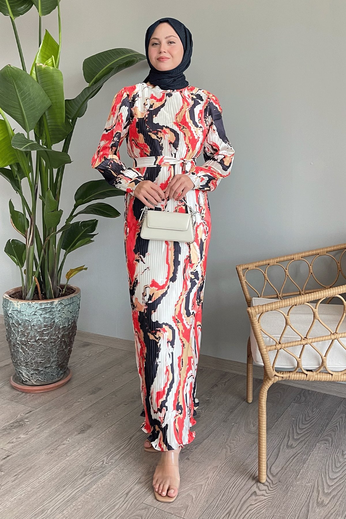 Patterned Pleated Orange Satin Dress