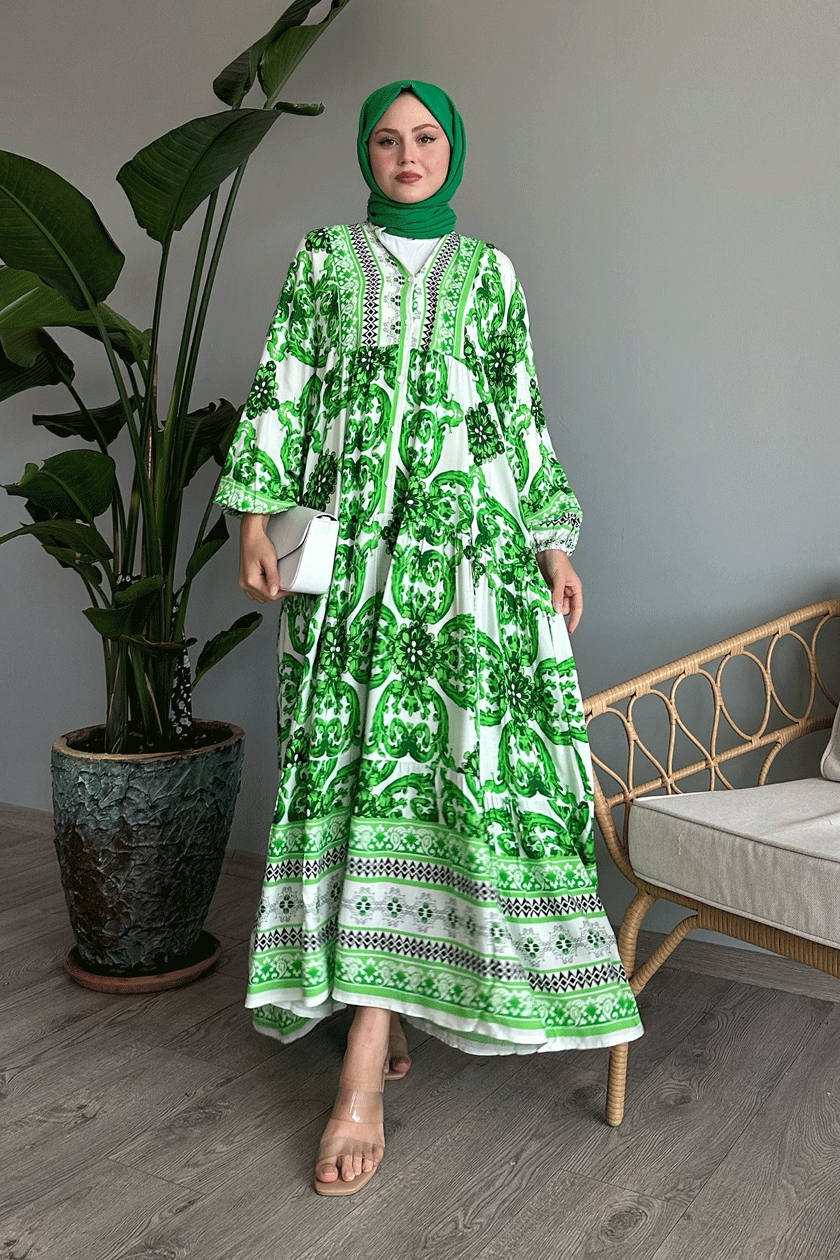 Marbled Loose Green Viscose Dress