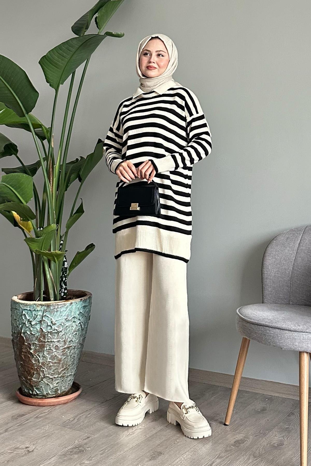 Shirt Collar Striped Ecru Knit Set