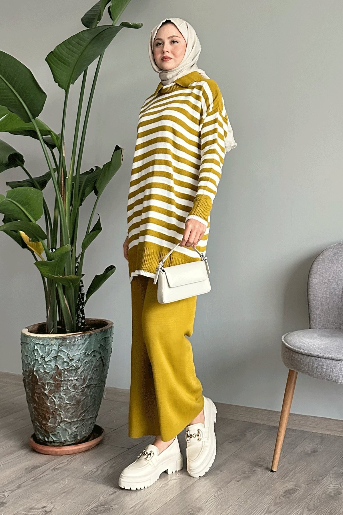 Shirt Collar Striped Olive Green Knit Set
