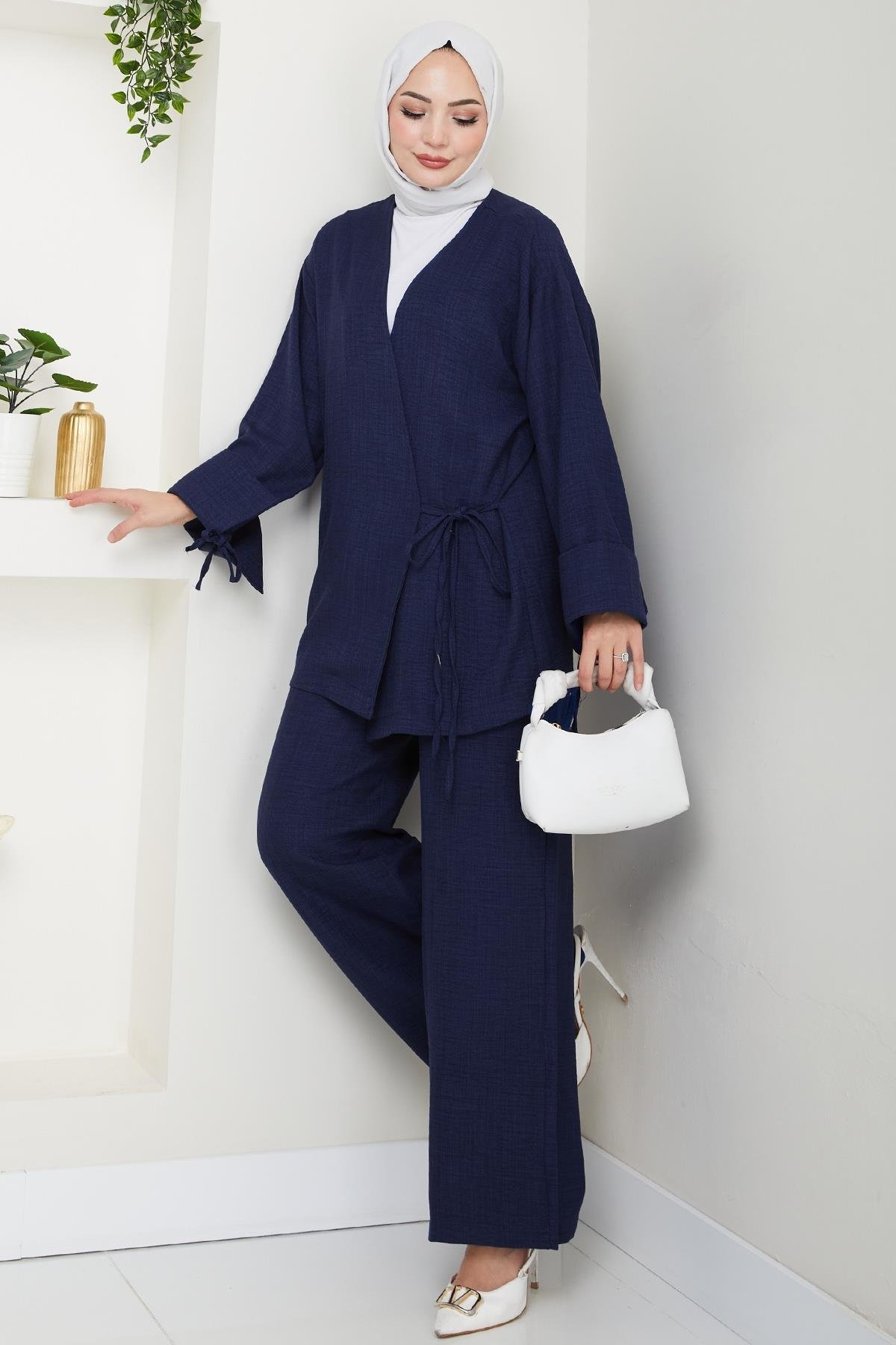 Keten Kimono İkili Koyu Lacivert Takım