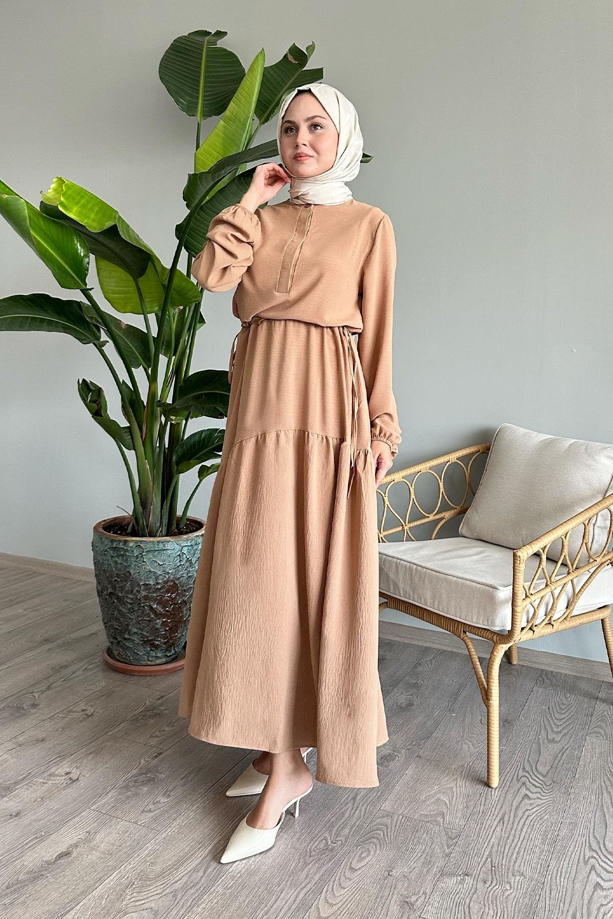 Merya Tunnel Belted Soft Ayrobin Dress - Latte
