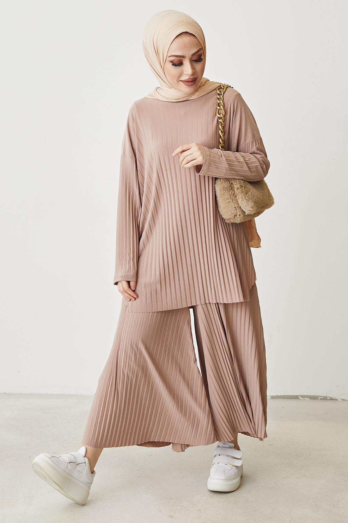 Mila Pleated Pants and Tunic Beige Two-Piece Set