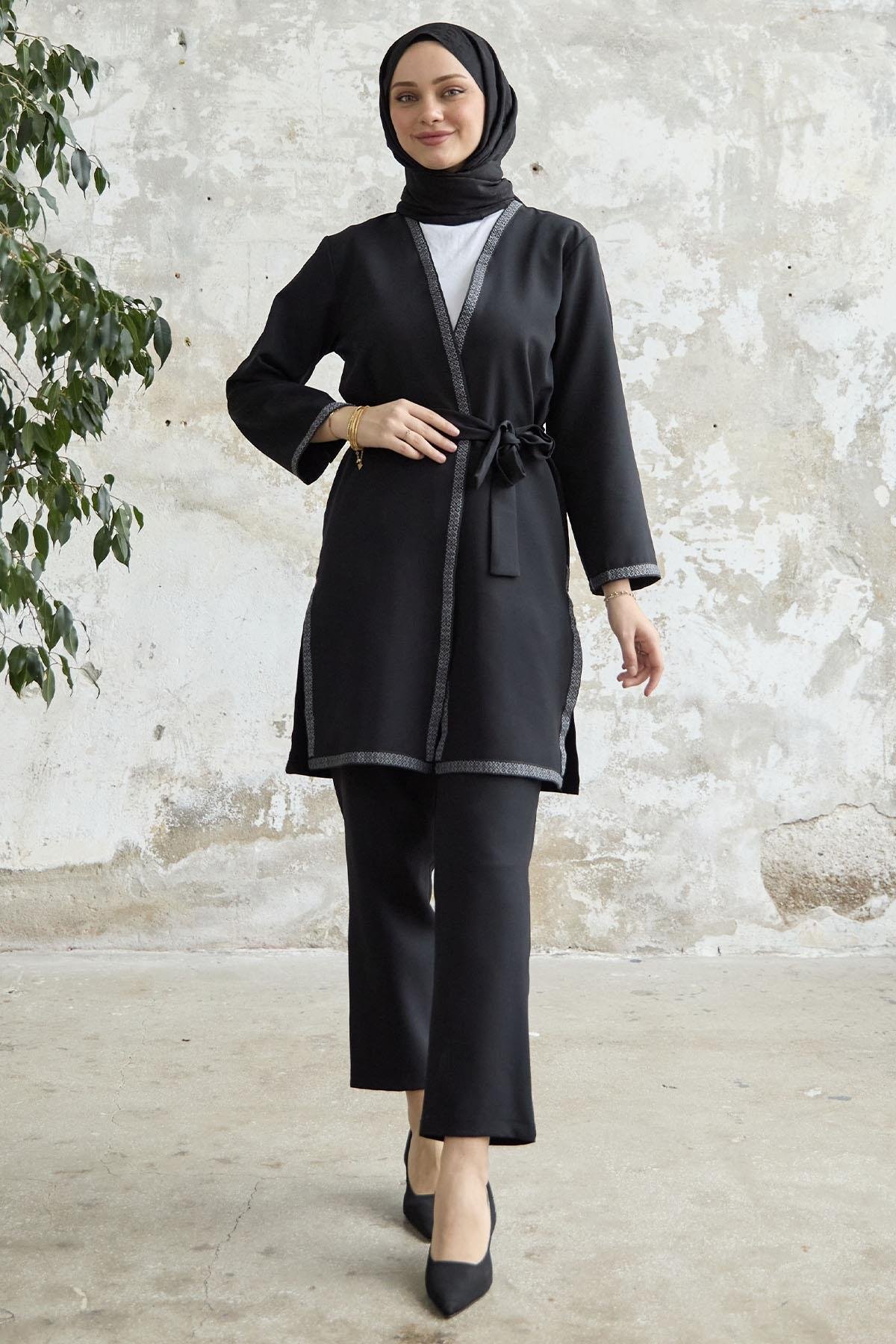 Embroidered Patterned Kimono Black Suit