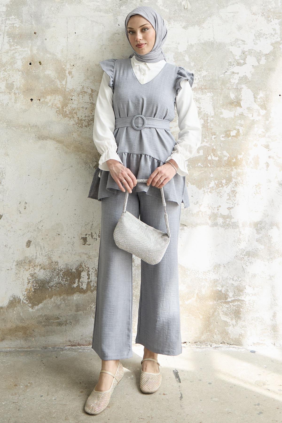 Ruffled Shoulder Triple Grey Suit