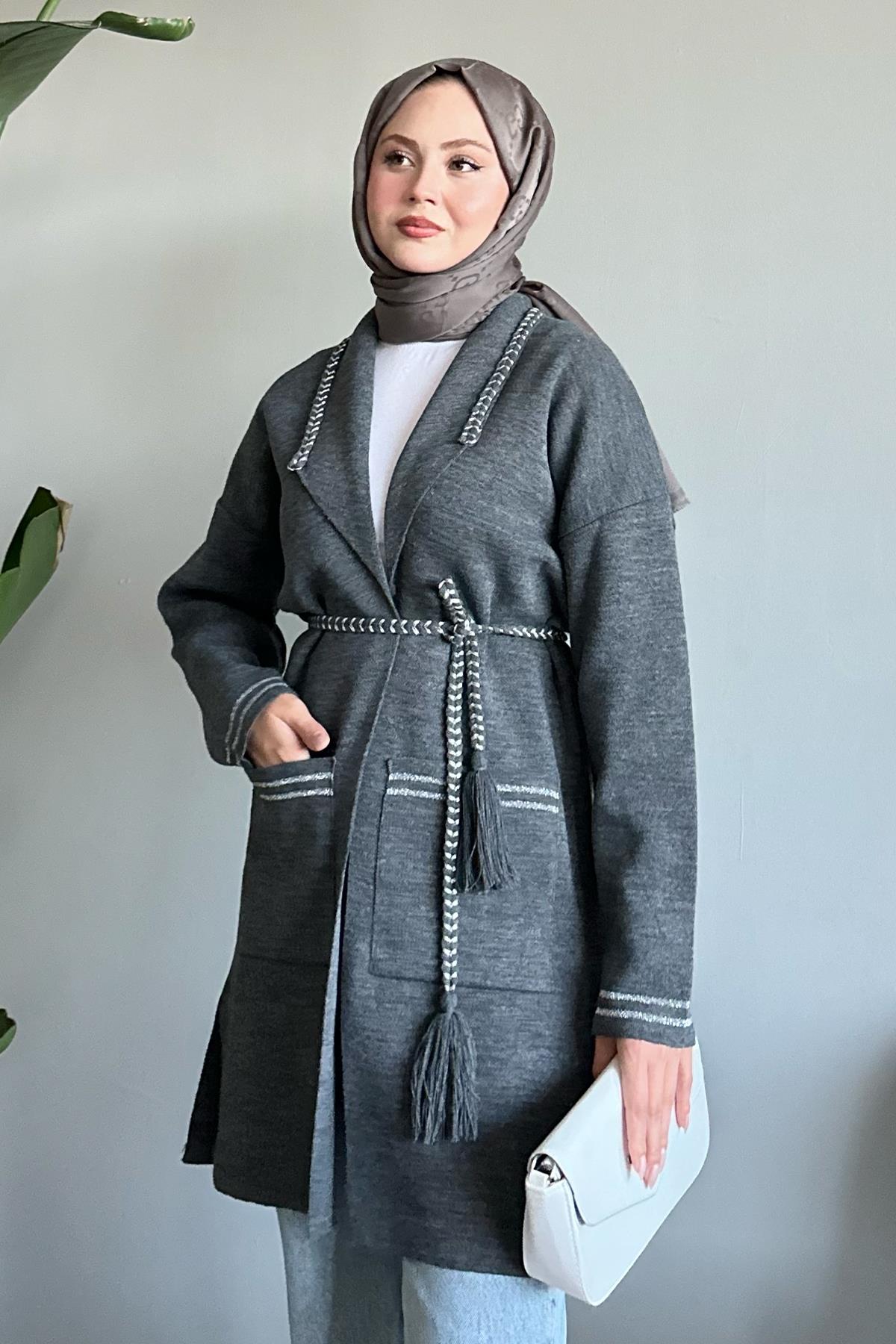 Knit Jacket with Knitted and Glitter Details in Anthracite