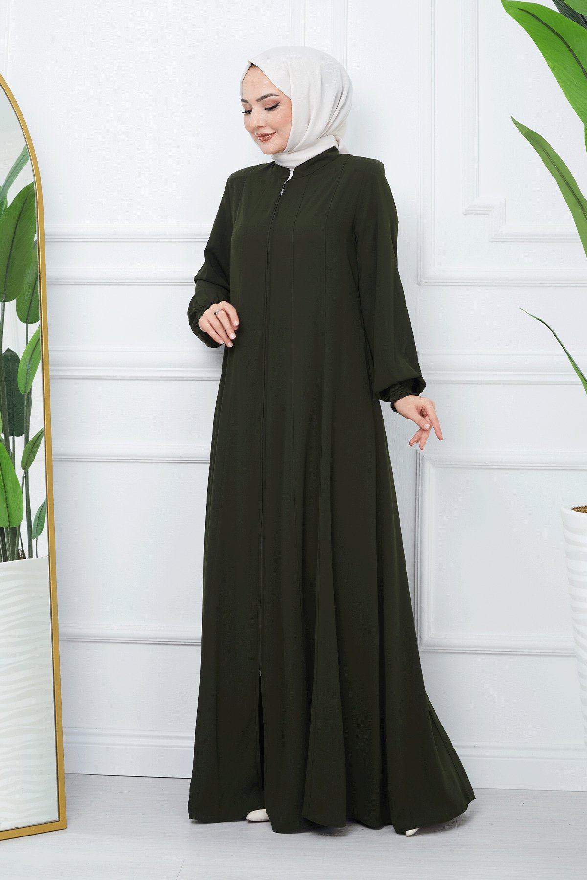 Parçalı Mevlana Kumaş Haki Ferace