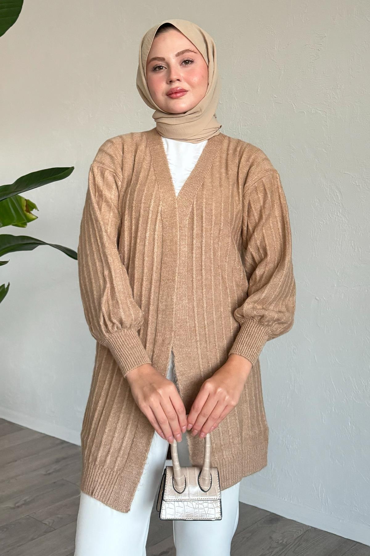 Peluş Fitilli Camel Triko Hırka
