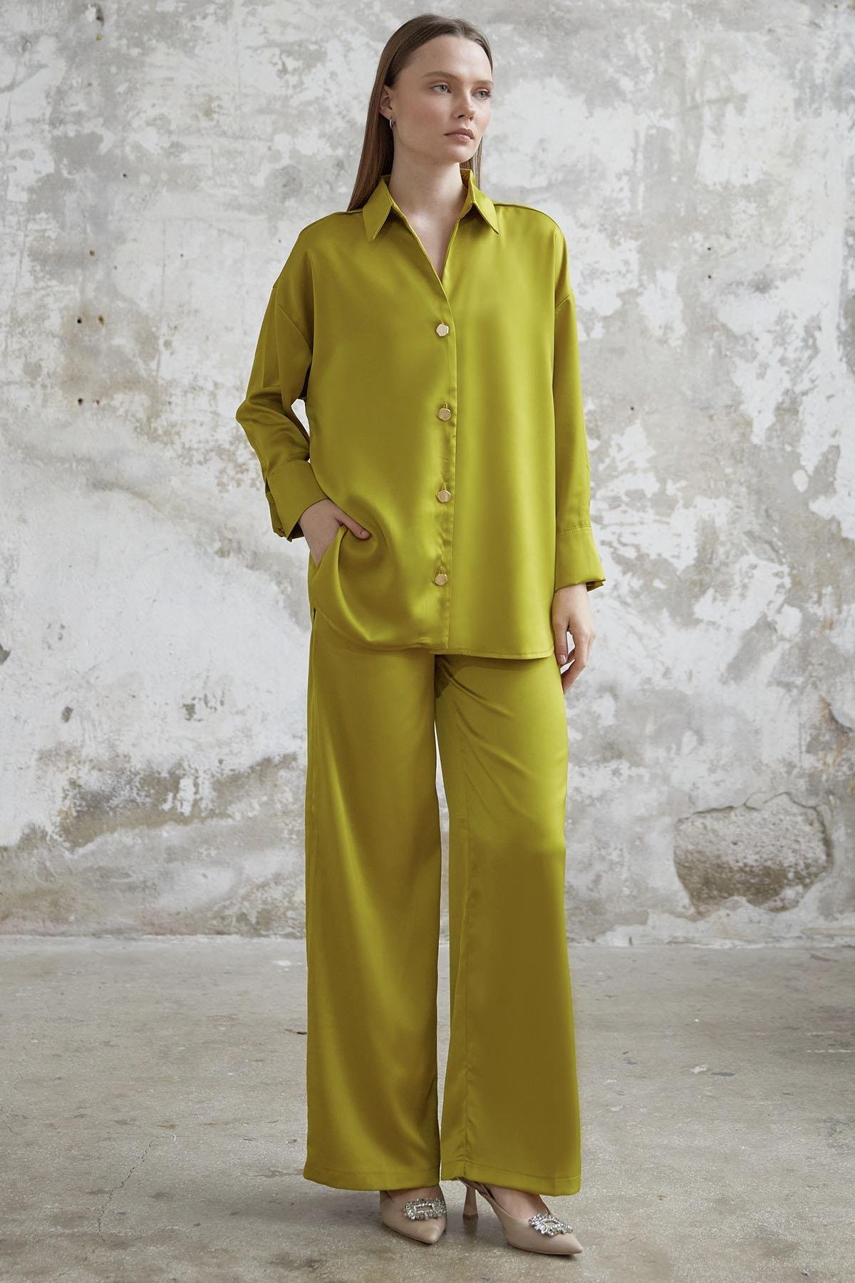 Satin Shirt and Trousers Olive Green Set