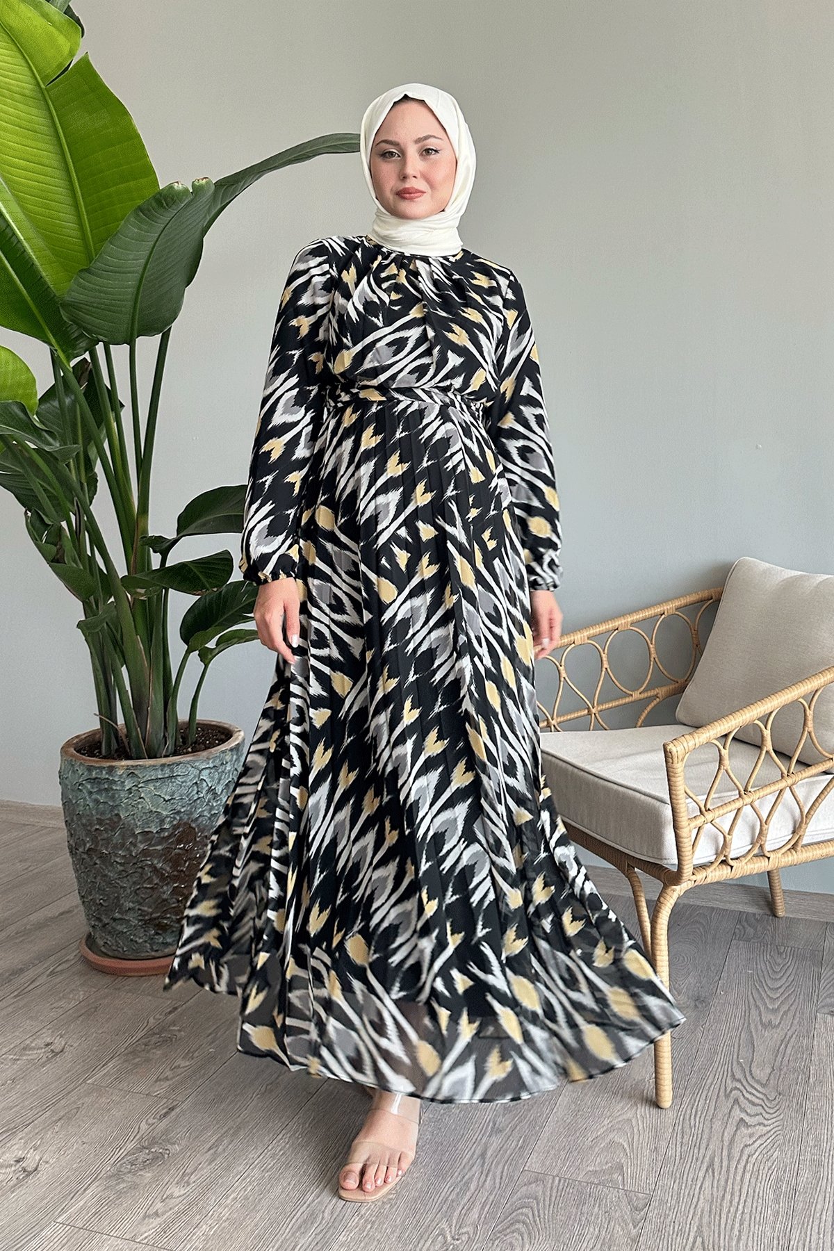Abstract Brushstroke Print Black Chiffon Dress