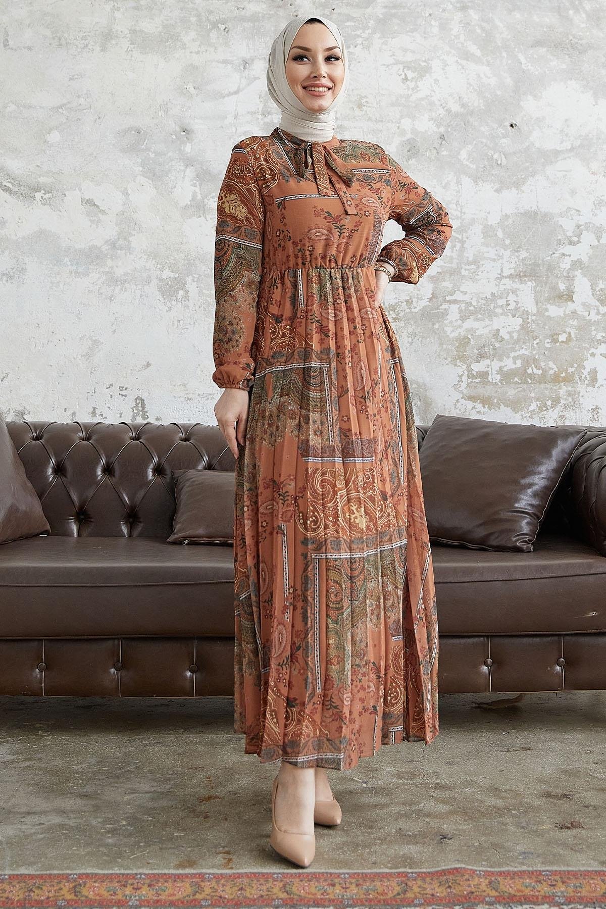 Viera Scarf Patterned Buttoned Neck Belted Chiffon Terracotta Dress