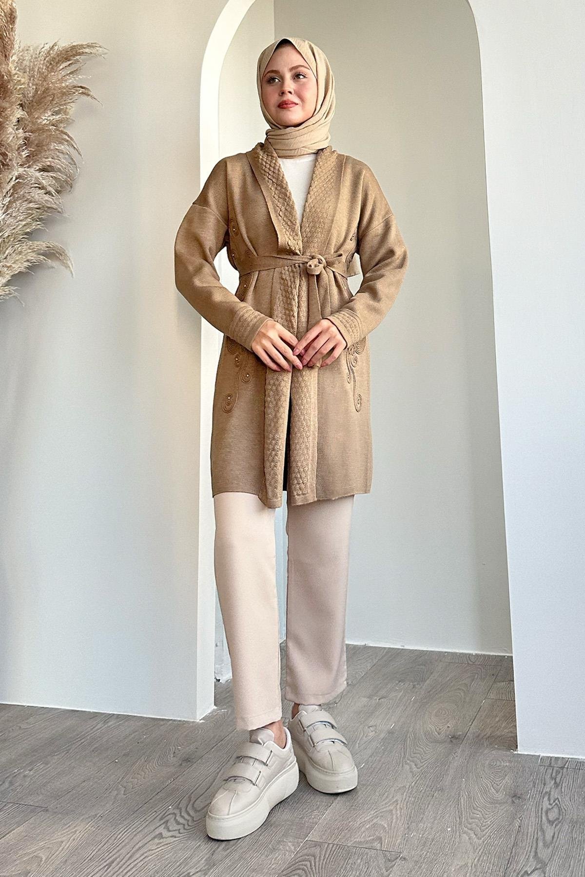 Knit Jacket with Embroidered Collar in Latte