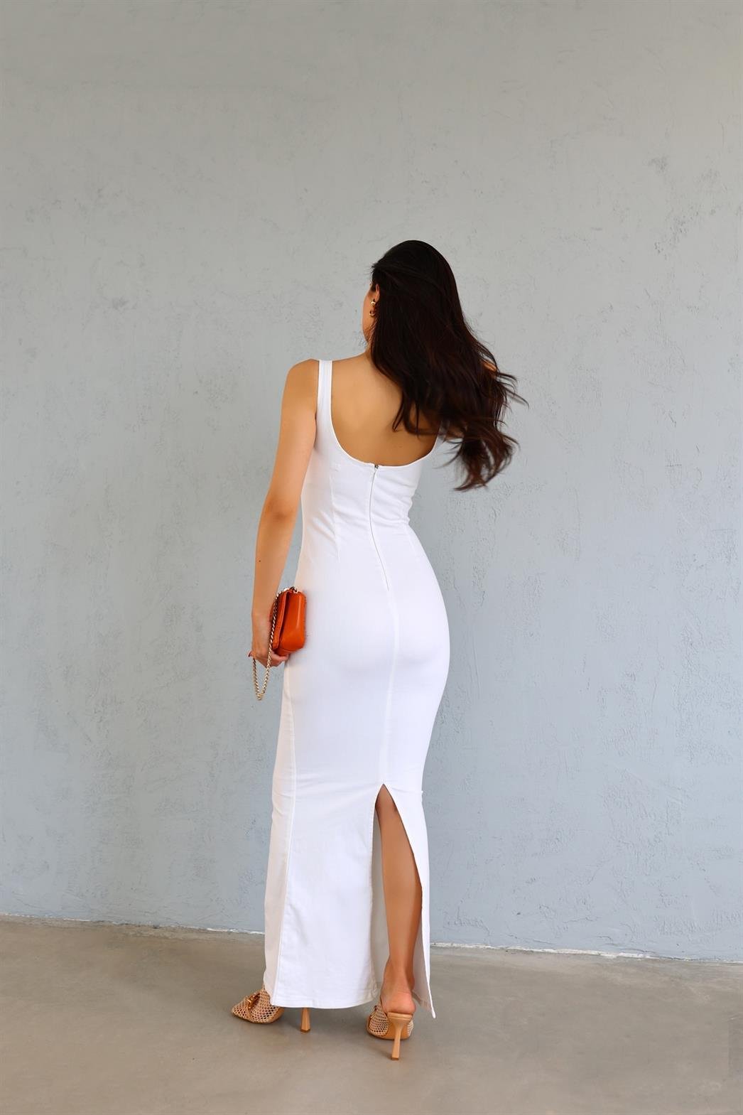 Voet Likralı Beyaz Maxi Elbise