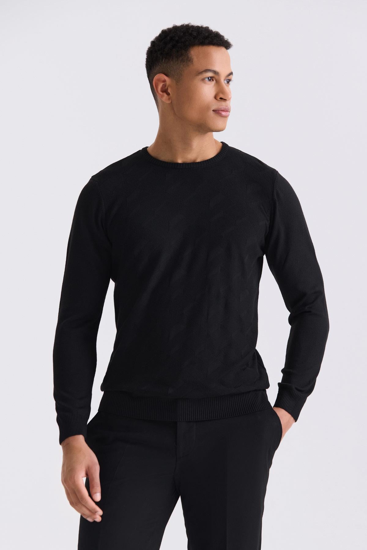 Siyah Slim Fit Bisiklet Yaka Desenli Triko Kazak JK38SF06M020_001