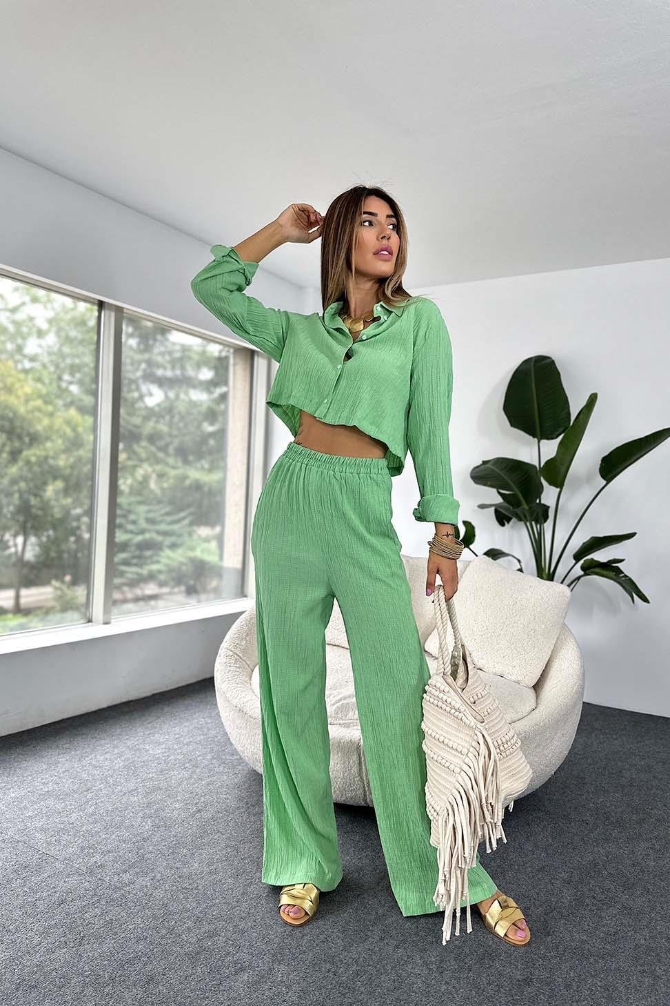 Gofre Kumaş Crop Gömlek Pantolon İkili Kadın Takım Açık Yeşil - Butik  Gardrop