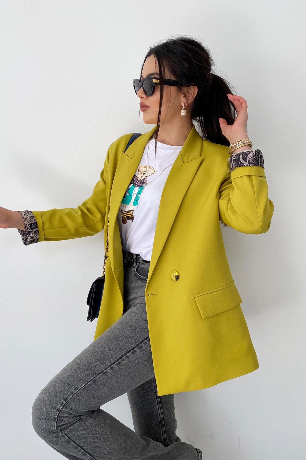 Limon Küfü İçi Yılan Desen Saten Astarlı Tasarım Blazer Ceket - Butik  Gardrop