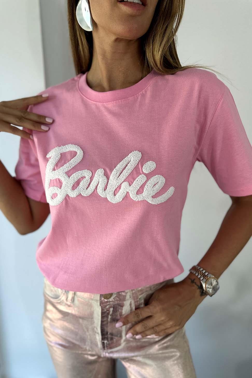 Marka Model Barbie Yazılı Kadın Tişört Pembe - Butik Gardrop