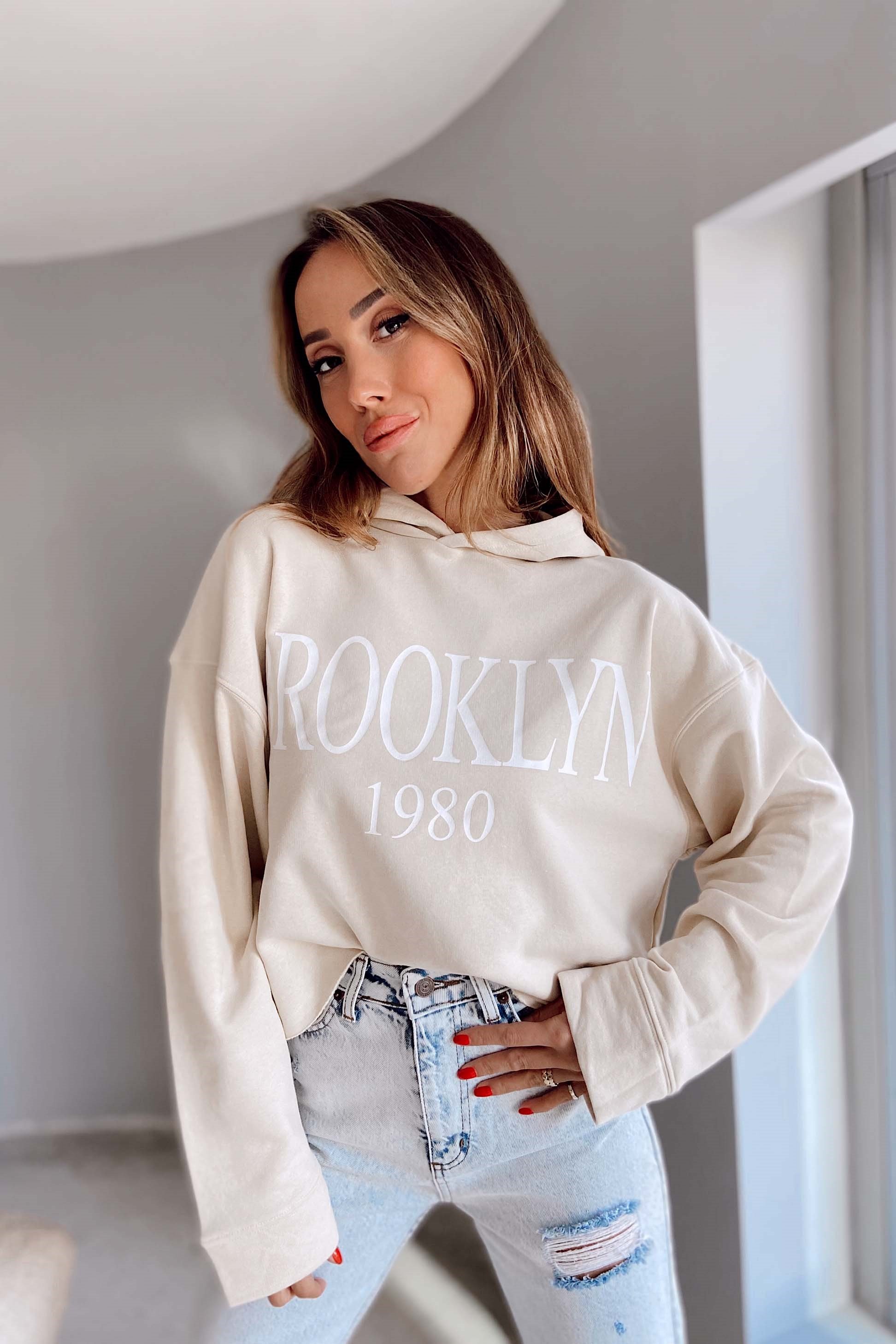 Orjinal Marka Brooklyn Şardonlu Kadın Sweatshirt Bej - Butik Gardrop
