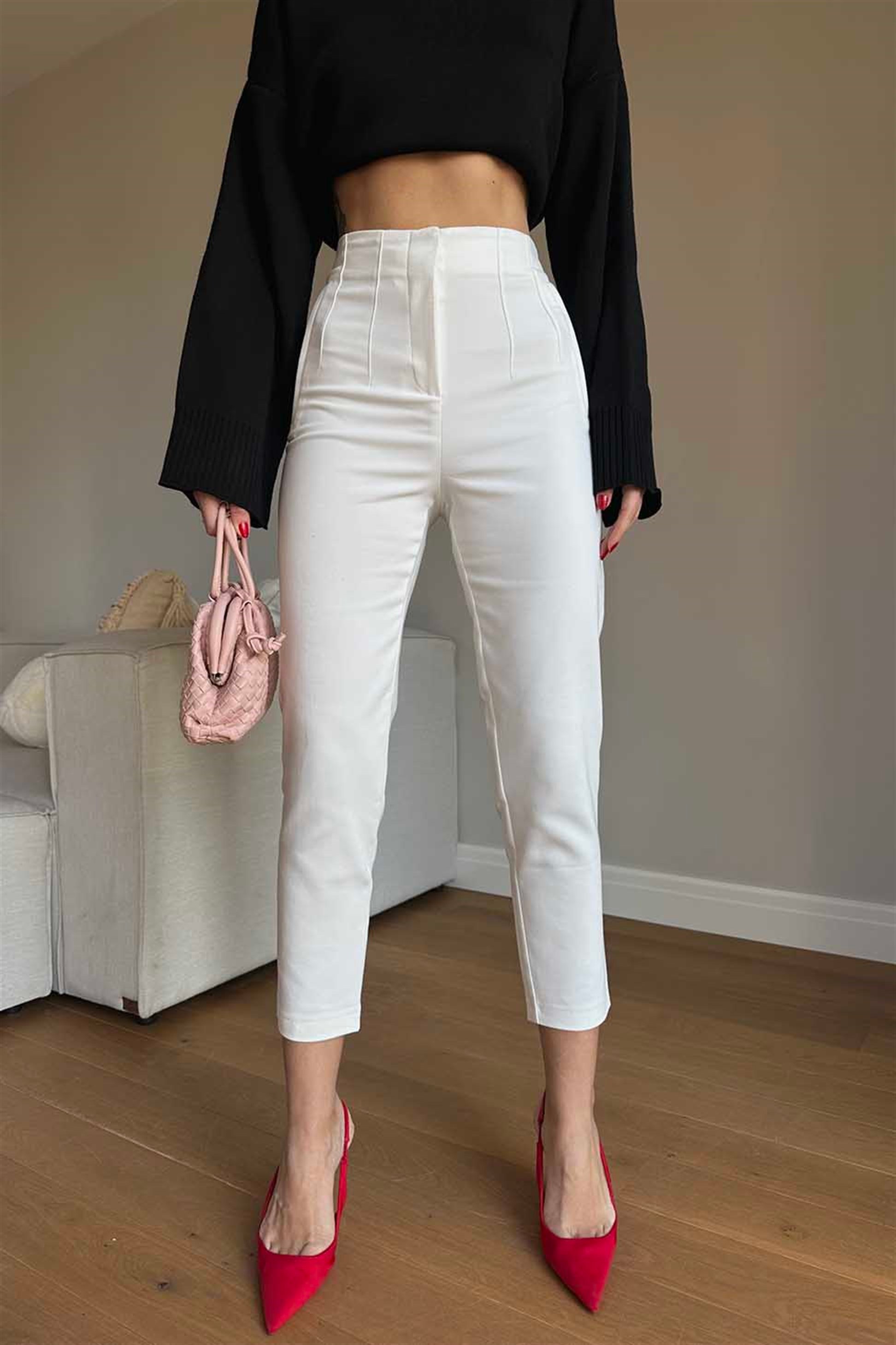 Orjinal Marka Yüksek Bel Pens Detaylı Kumaş Pantolon Beyaz - Butik Gardrop