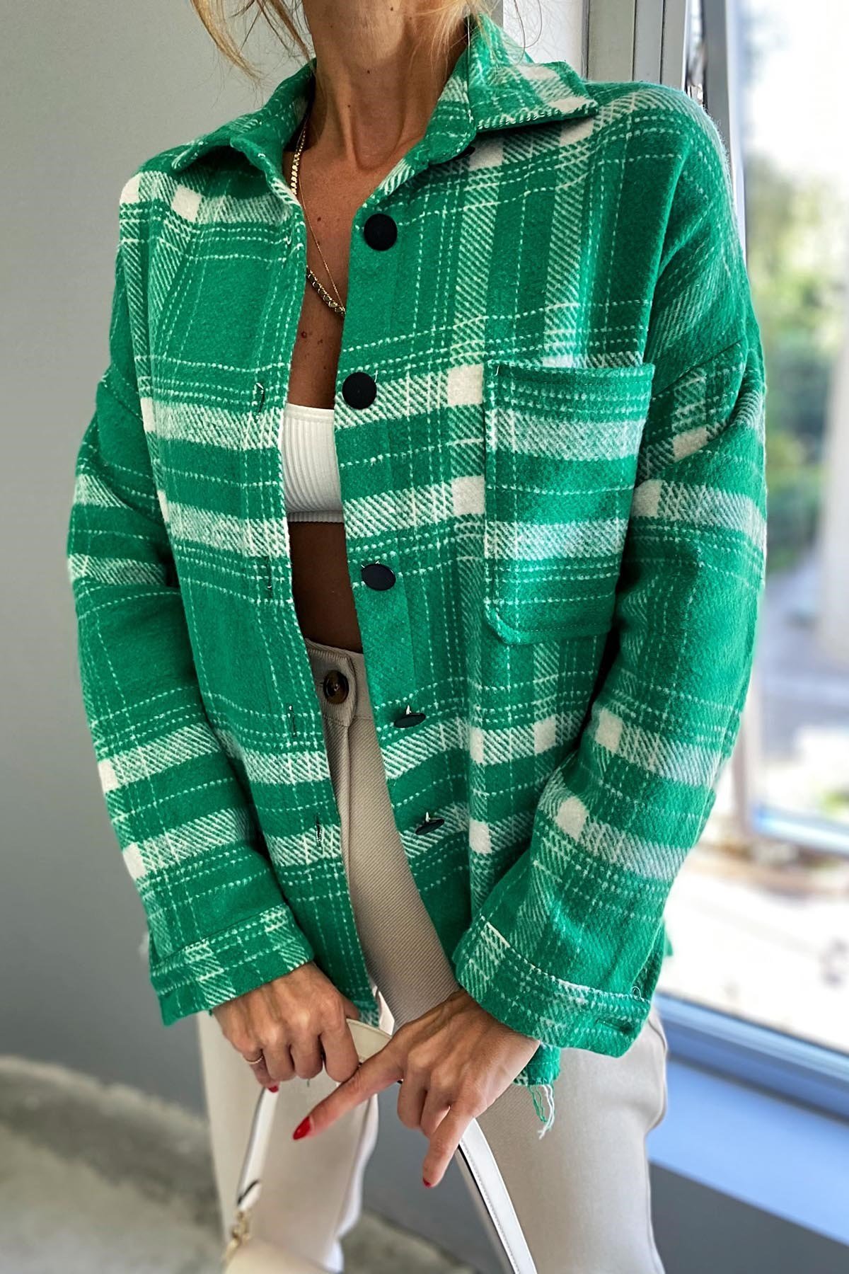 Pötikareli Kadın Oduncu Gömleği Yeşil - Butik Gardrop