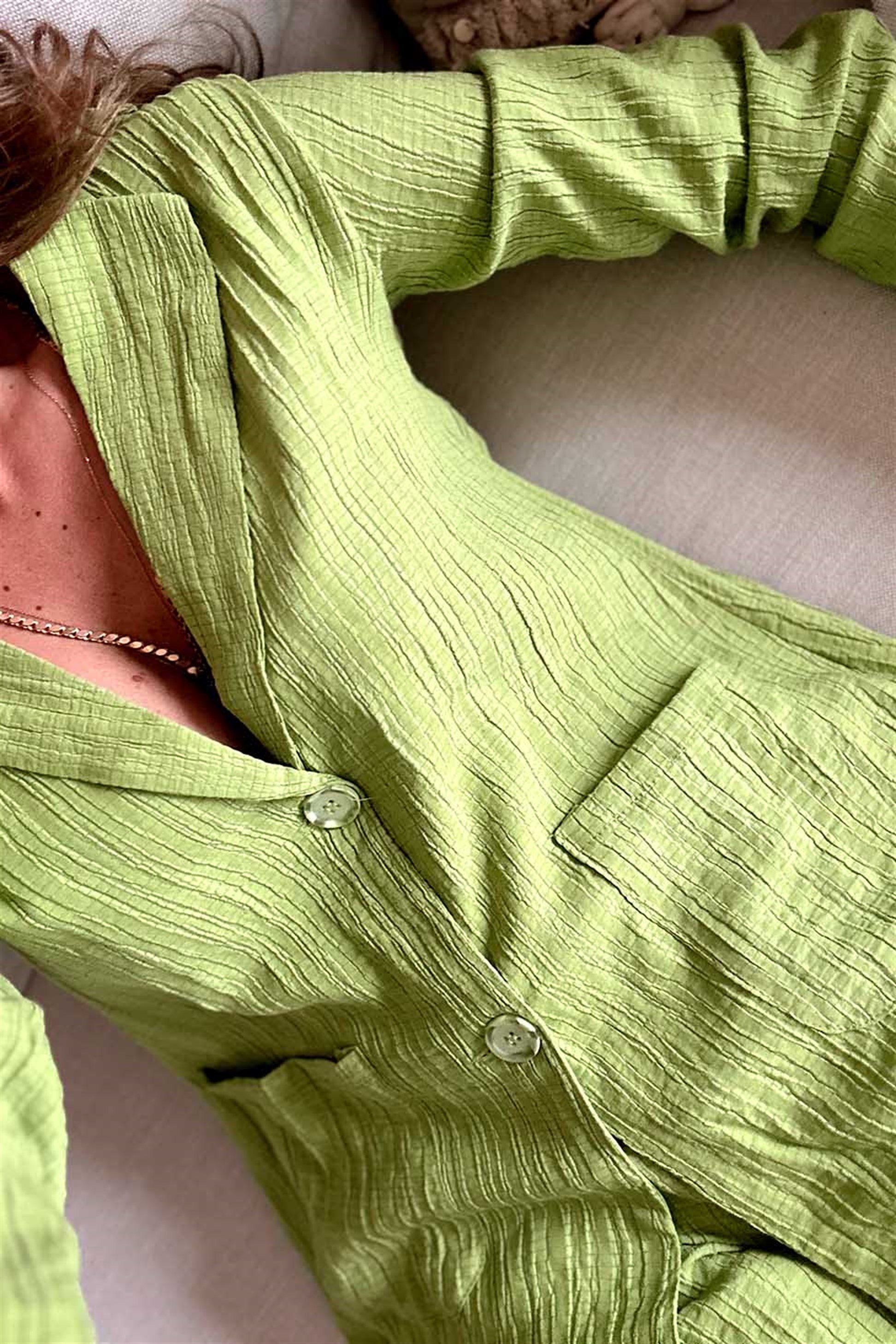 Premium Kalite Gofre Kumaş Ceket Pantolon Kadın Takım Fıstık Yeşil - Butik  Gardrop