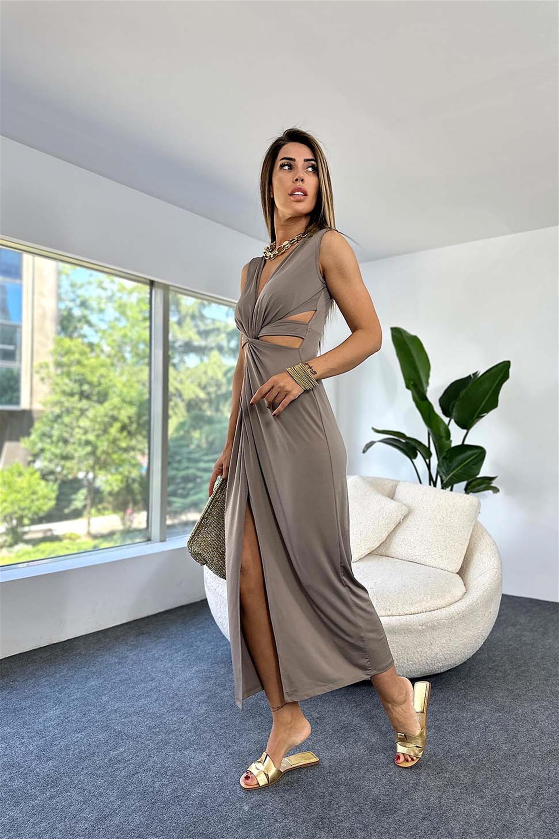 Premium Kalite Pamuklu ve Likralı Kumaş Tasarım Abiye Elbise Vizon - Butik  Gardrop