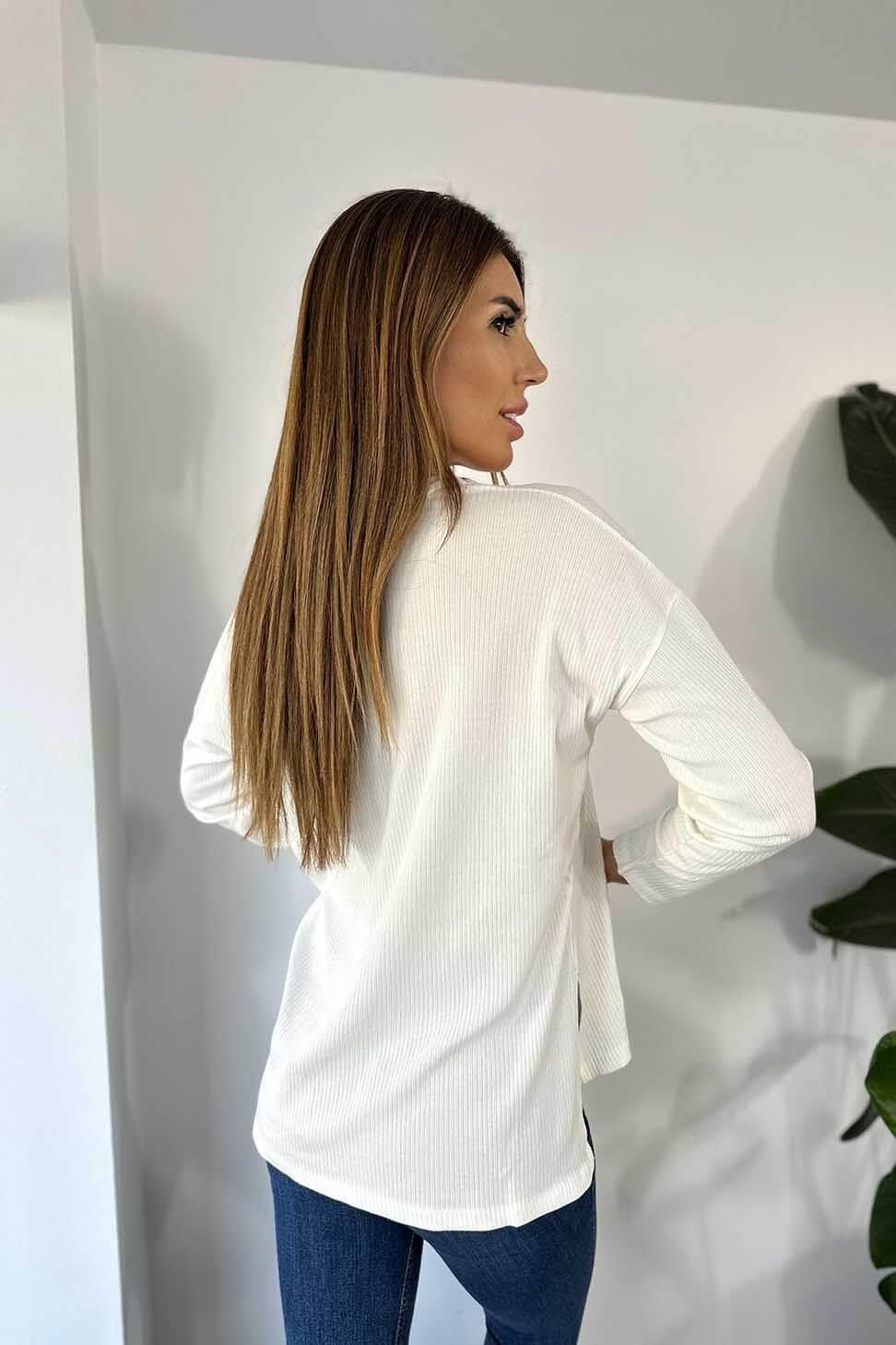 Premium Kalite Pamuklu Yırtmaç Detay Fitilli Kadın Kazak Beyaz - Butik  Gardrop