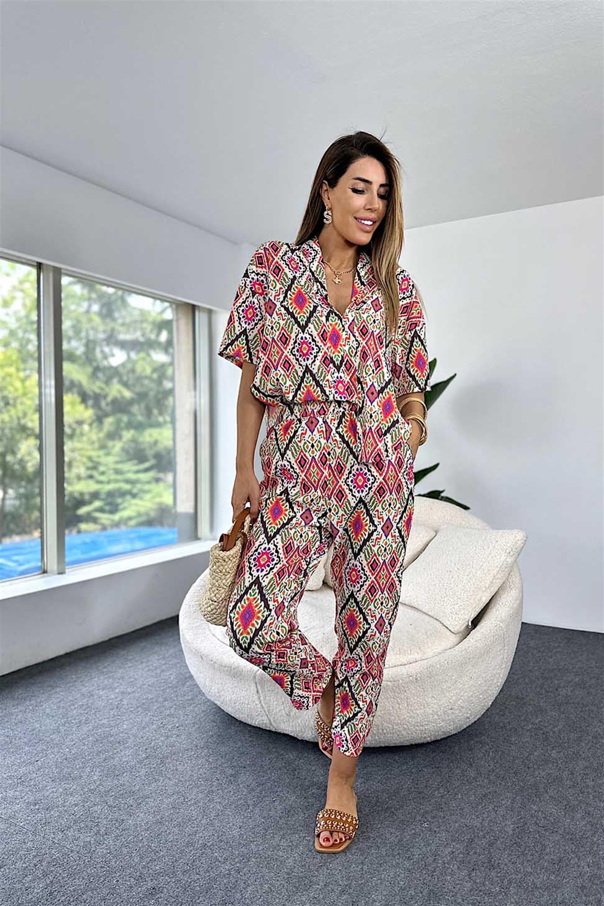 Şal Yaka Beli Bağlamalı Renkli Kimono Takım FUŞYA - Butik Gardrop
