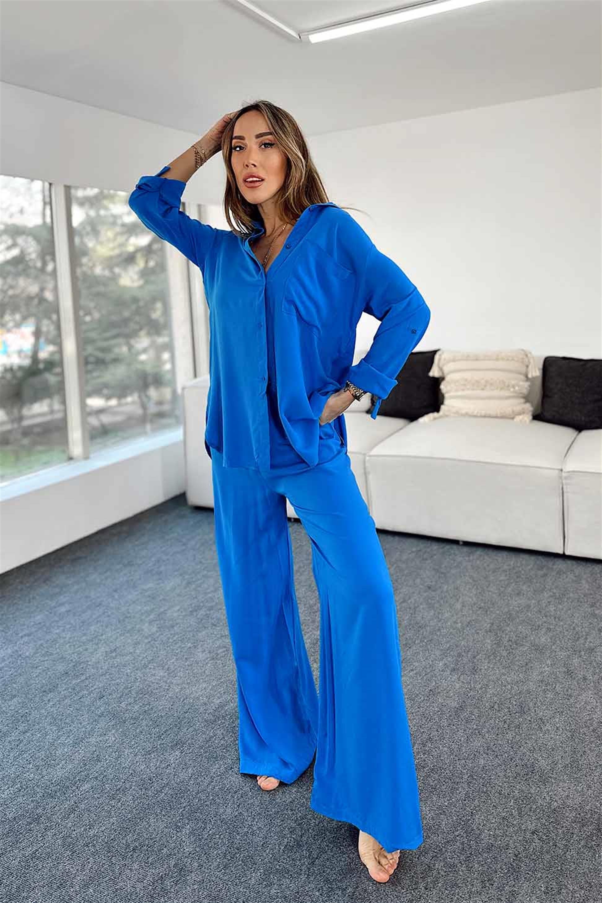 Viskon Kumaş Gömlek Pantolon İkili Kadın Takım Mavi - Butik Gardrop