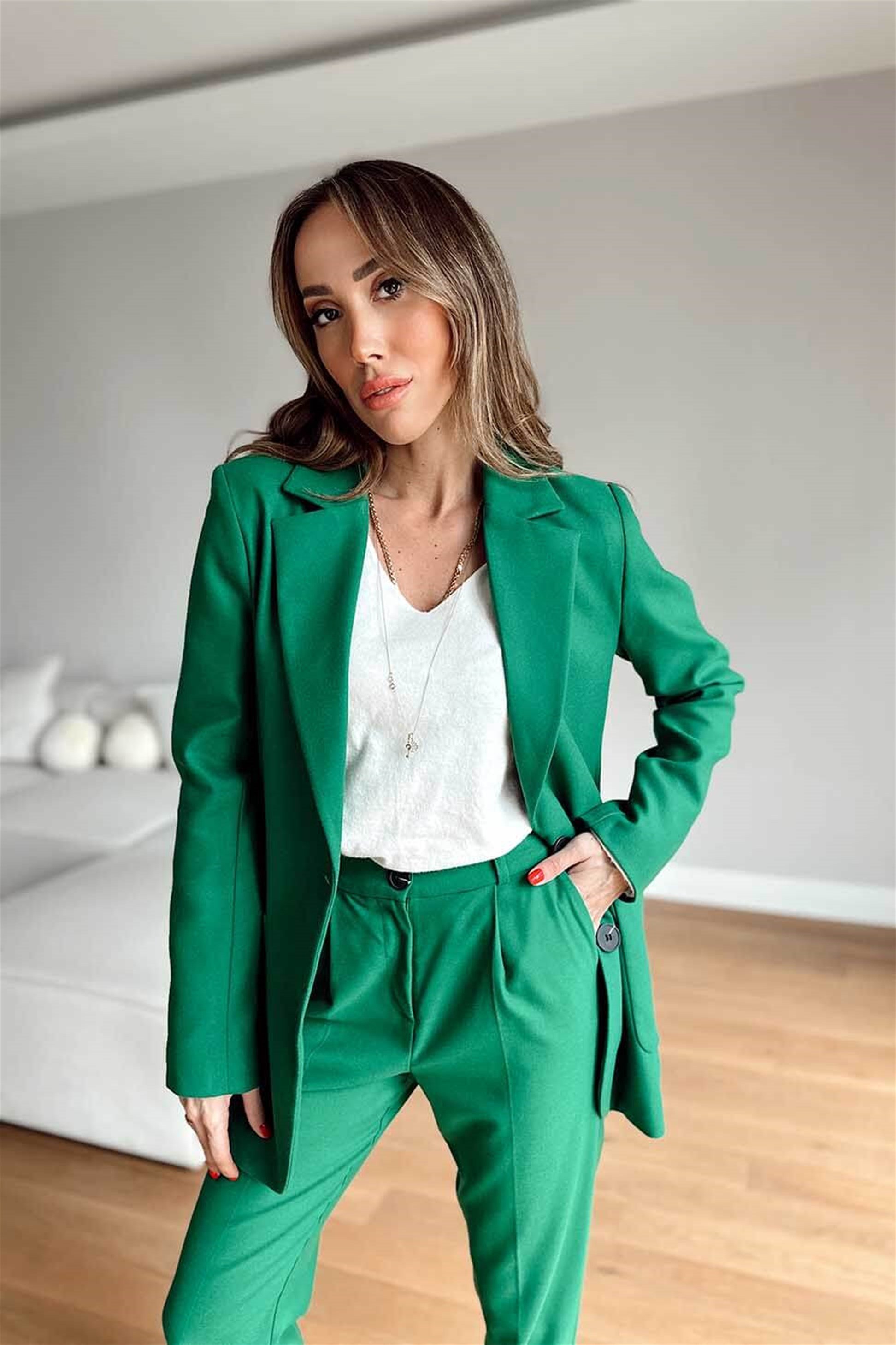 Yünlü Blazer Ceket Pantolon Kadın Takım Yeşil - Butik Gardrop