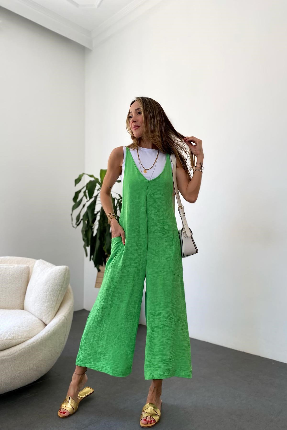 Zara Model Askılı Tulum - Yeşil - Butik Gardrop