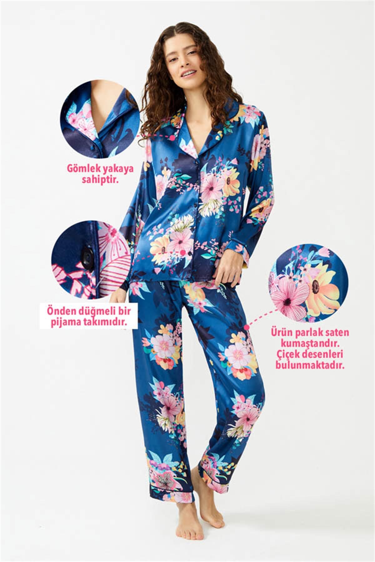 Mavi Çiçek Desenli Önden Düğmeli Saten Kadın Pijama Takımı | COTTONHILL