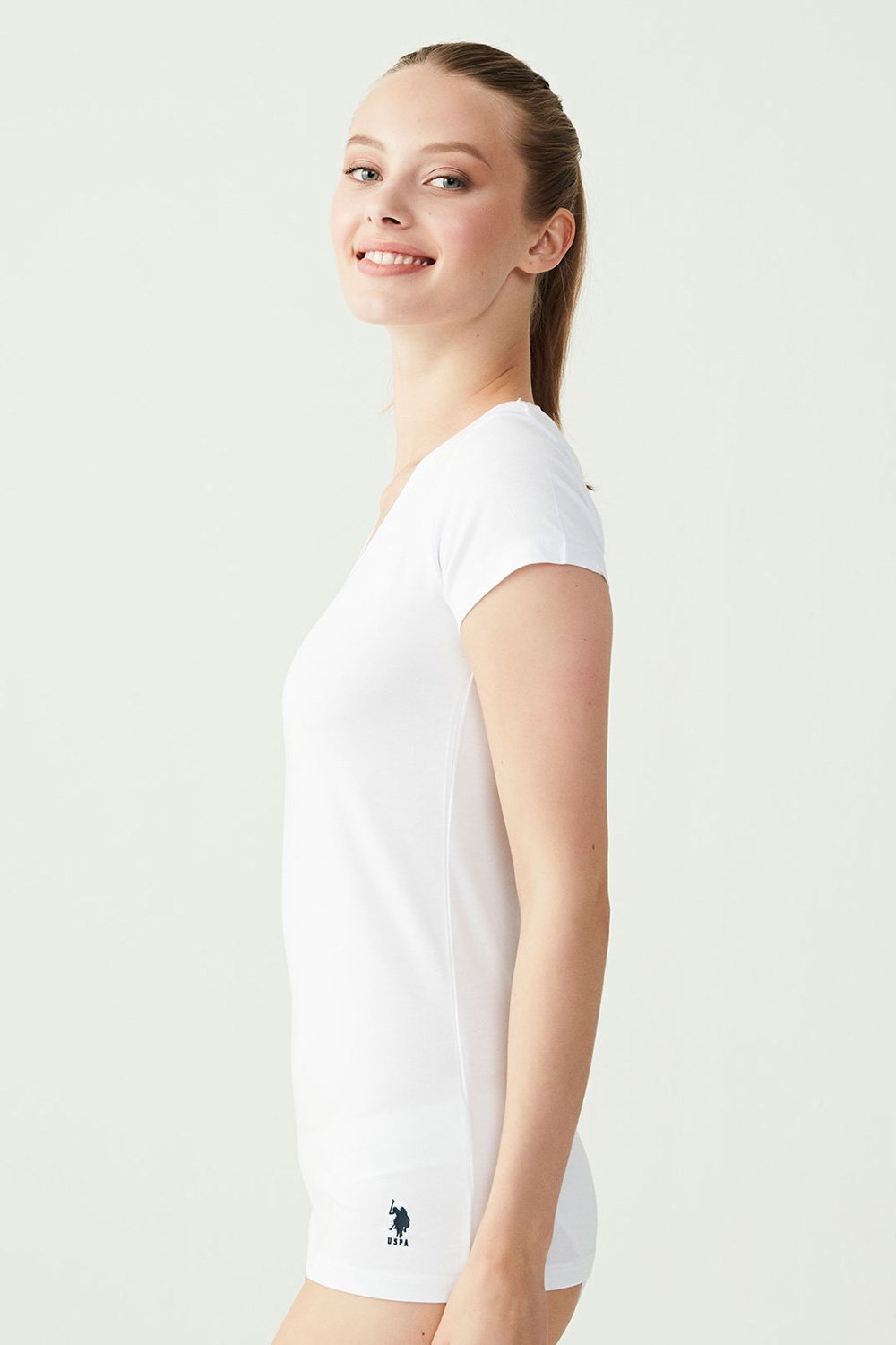 U.S. Polo Assn. Kadın Beyaz Kısa Kollu V Yaka T-Shirt | Modcollection.com.tr