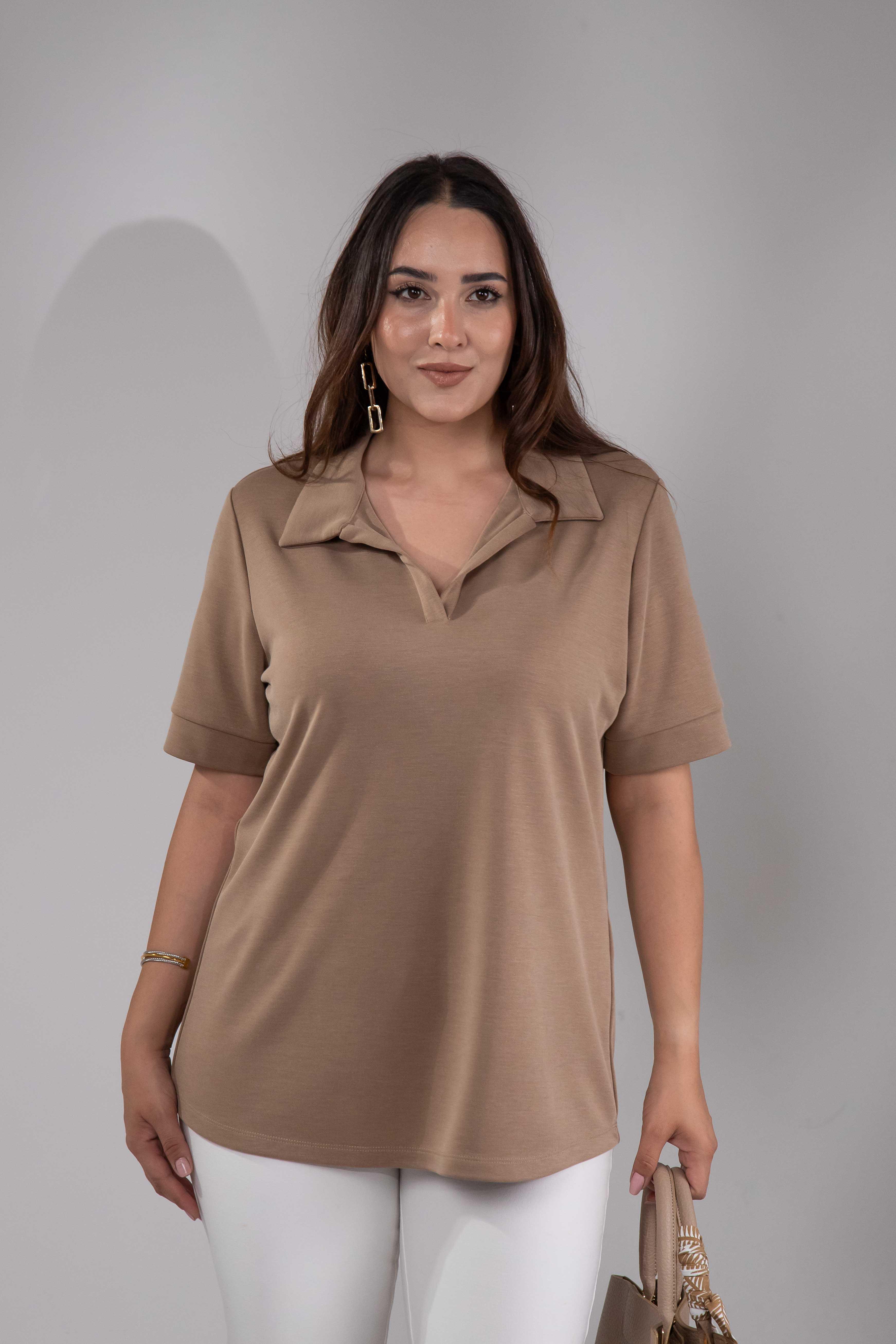 Büyük Beden 1112038 Gömlek Yaka Bluz Camel
