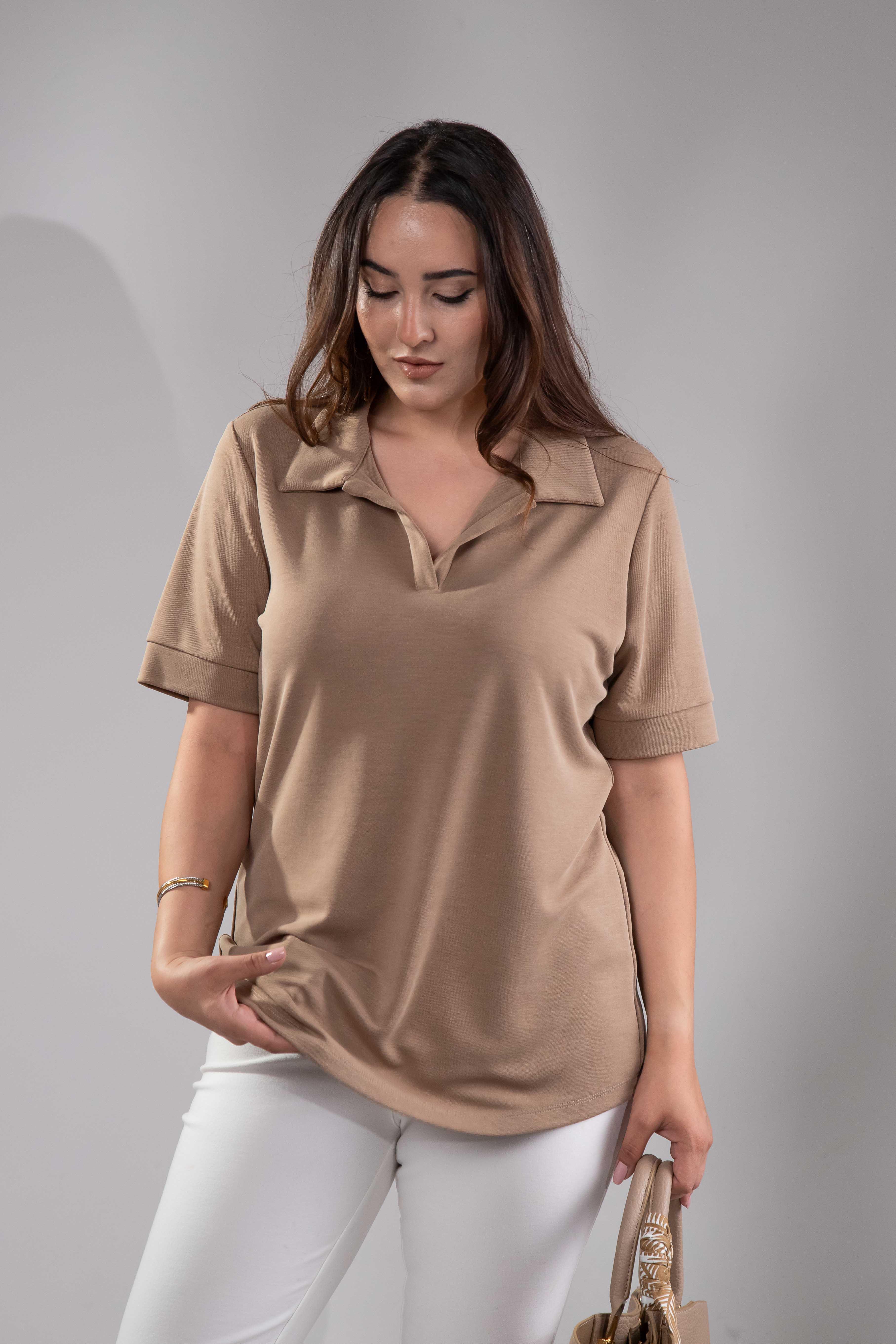 Büyük Beden 1112038 Gömlek Yaka Bluz Camel